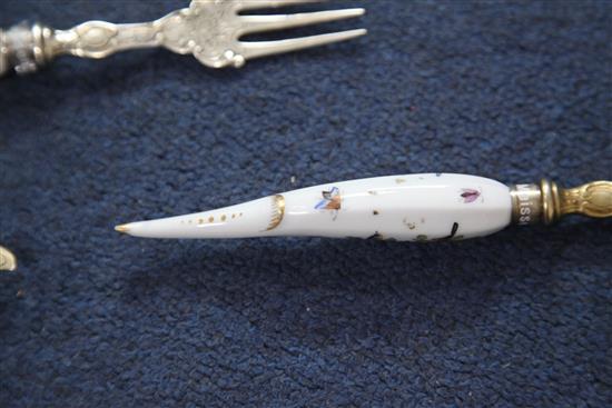 Three pairs of Meissen porcelain handled knives and forks, 19th century, 21cm and 21.5cm